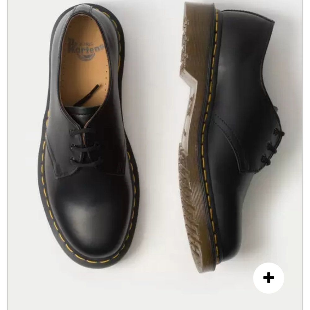 Dr. Martens Black Leather 3-Eye Derby Flats with Yellow Stitching